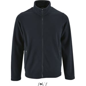 A navy fleece top featuring a full zip and two side pockets. The garment has a logo at the bottom.