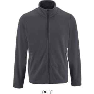 A dark grey fleece jacket with a high collar and two zip pockets on the front. It features a logo.