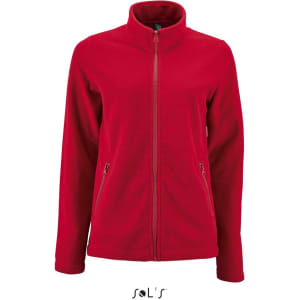 A red women's fleece jacket featuring a front zip and side pockets, with a subtle logo on the design.