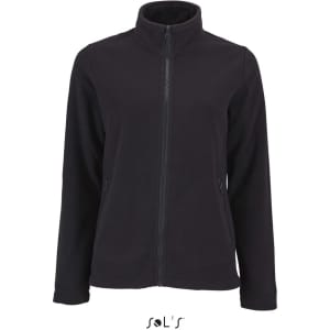 A women's plain fleece jacket in black with a zip front and two side pockets. It has a logo on the front.