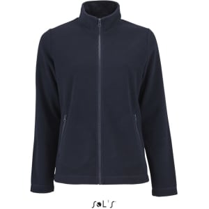 A plain navy fleece jacket for women featuring a zip front and side pockets. The jacket has a logo on it.