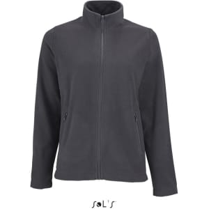A women's plain fleece jacket in dark grey with a zip front and side pockets. It has a collar and long sleeves.