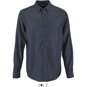 A navy long sleeve denim shirt with a button-down collar and a chest pocket, featuring a logo.