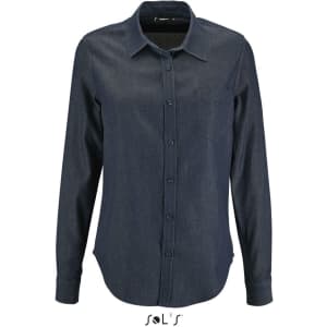 A women's long sleeve denim shirt in a dark blue wash, featuring a button-up front and a single chest pocket.