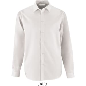 A long sleeve business shirt in a light beige herringbone pattern, featuring a button-up front and a branding logo.