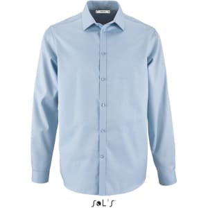 A light blue long-sleeve herringbone shirt for men with a collar and buttons, featuring a logo.
