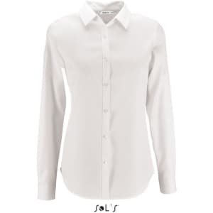 A long sleeve women's business shirt in white with a herringbone pattern and a logo at the bottom.