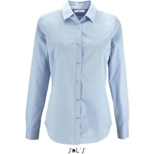 A light blue long-sleeve women's herringbone business shirt with a collar and buttons, featuring a logo.