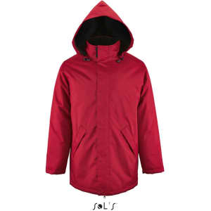A red unisex jacket made of 100% polyester with a fleece-lined collar and a hood. It features side pockets and a branding logo.