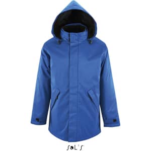 A blue unisex jacket with a fleece-lined collar and a hood, featuring two side pockets and a logo.