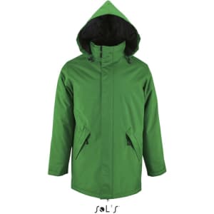 A green unisex jacket with a fleece-lined collar and a hood, featuring pockets and a logo.