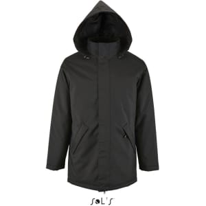 A black unisex jacket with a fleece-lined collar and hood, featuring pockets and a logo.