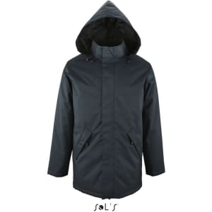 A dark navy unisex jacket with a fleece-lined collar and hood, featuring side pockets and a branding logo.