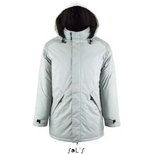 A light grey unisex jacket with a fleece-lined collar and hood, featuring a branding logo.