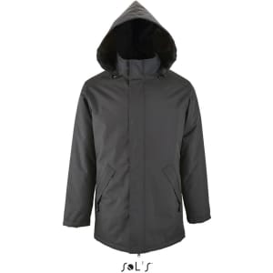 A unisex jacket in dark grey, featuring a fleece-lined collar and a fitted hood. It has a simple design with pockets.