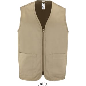 A beige unisex zippered vest made of 65% polyester and 35% cotton, featuring two front pockets and a logo.