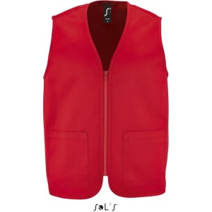 A red unisex vest with a zippered front and two front pockets. It includes a logo on the neck label.