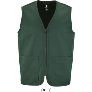 A green unisex zippered vest with two front pockets and a logo on the label. Made from 65% polyester and 35% cotton.
