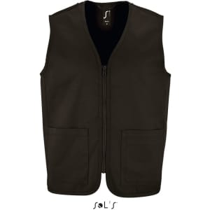A black unisex zippered vest made of 200gsm 65% polyester and 35% cotton, featuring two front pockets and a logo.