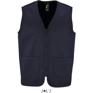 A navy zippered unisex vest with two front pockets and a logo on the label. Made from 200gsm fabric blend.