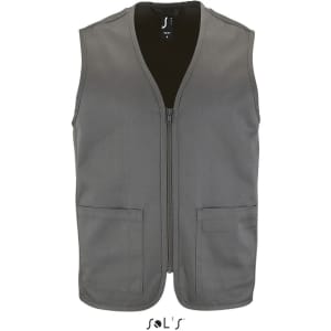 A grey unisex zippered vest with two front pockets and a branding label. Made from 65% polyester and 35% cotton.