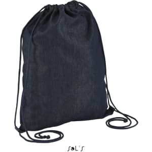 A dark blue denim fabric backsack with drawstring closure and shoulder straps, featuring a logo.