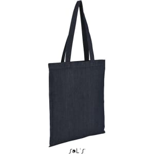A dark blue tote bag with long handles and a simple design, featuring a logo on the bottom.