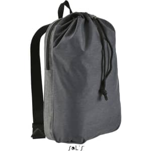 A grey duffle bag/backpack with adjustable straps and a pull-string closure. It features a side zipper pocket.