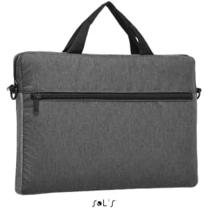 A dual material briefcase in grey with a zipped back pocket and black handles. It features a logo on the front.