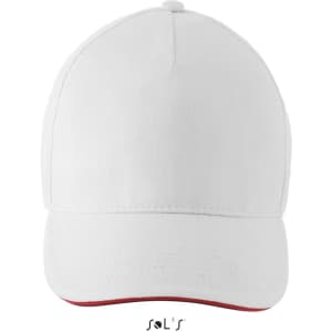 A white five-panel cap made of 100% cotton featuring a red underbrim and a logo on the side.