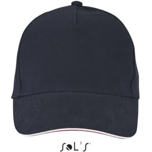A navy blue five-panel cap made of 100% cotton, featuring a classic design and a branding logo.