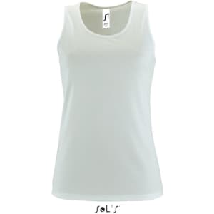 A white women's singlet tank top made from 100% breathable polyester, featuring a logo.
