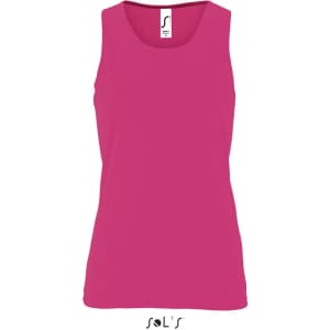 A women's sporty tank top in bright pink, made from 100% breathable polyester, featuring a logo.
