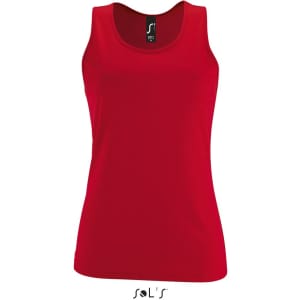 A red women's singlet tank top made of 100% breathable polyester, featuring a logo on the label.