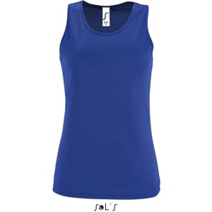 A blue women's tank top made from 100% breathable polyester, featuring a logo at the neck.