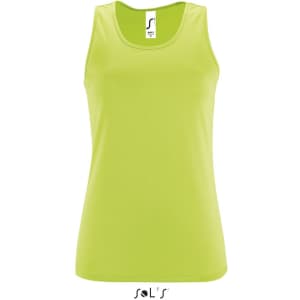 A lime green women's tank top made from 100% breathable polyester with a logo at the top.