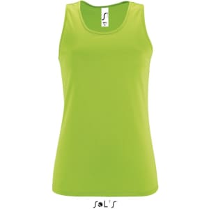 A bright green women's tank top made from 100% breathable polyester, featuring a logo.