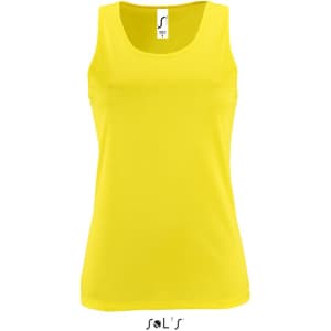 A yellow women's tank top made from 100% breathable polyester, featuring a logo at the neckline.