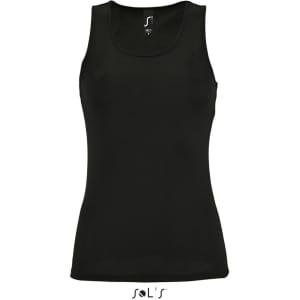 A black women's singlet tank top made from 100% breathable polyester, featuring a logo.