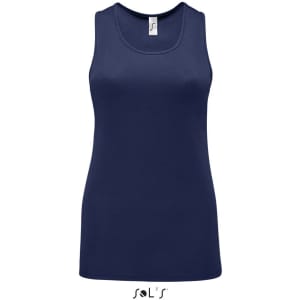 A women's sporty tank top in navy blue, made from 100% breathable polyester, featuring a logo at the neck.