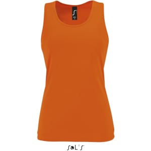 An orange women's tank top made of 100% breathable polyester, featuring a branding logo at the neck.
