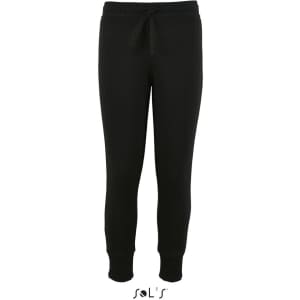 Black slim fit track suit pants for kids with an elastic drawstring waistband. Features a logo.
