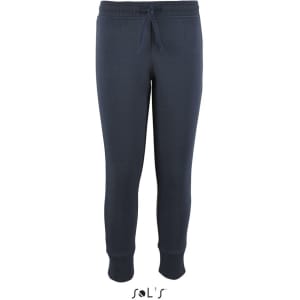 Slim fit track suit pants for kids in navy blue with an elastic waistband and cuffed ankles. Maintains a branded look.