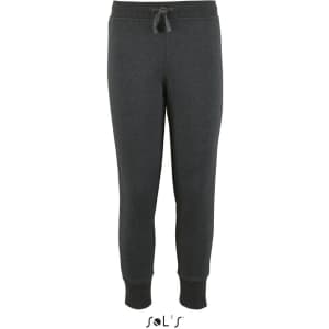 Slim fit kids' track suit pants in dark grey with an elastic waistband and cuffs, featuring a drawstring and a logo.