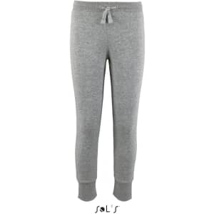 Grey slim fit track suit pants for kids, featuring an elastic waistband with a drawstring and cuffed hems.