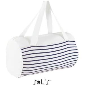 A duffel bag featuring white and navy stripes with two white handles and a zip closure, along with a logo.