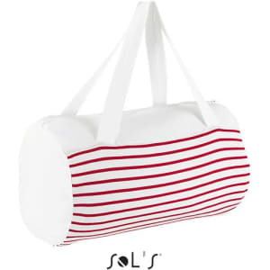 A duffel bag with red and white stripes, featuring sturdy white handles and a branding logo.