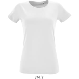 A white women's T-shirt made of 100% semi-spun combed ring-spun cotton, featuring a logo.