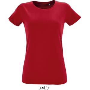 A red women's T-shirt made from 100% semi-spun combed ring-spun cotton, featuring a logo.