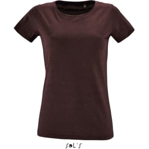 A women's T-shirt in a rich burgundy colour, made from 100% semi spun combed ring spun cotton, featuring a logo.